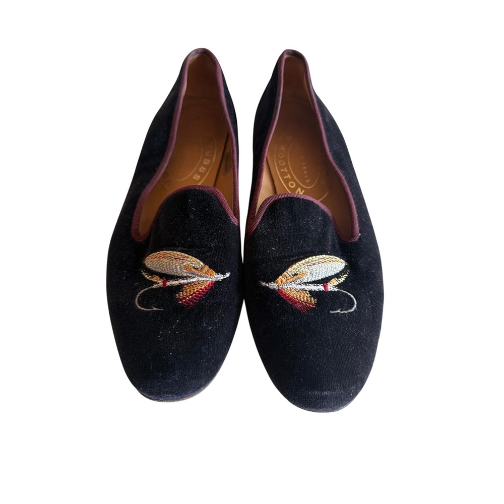 Stubbs & Wootton Slippers Black Velvet Fly Fishing Lure Smoking Loafers Mens 7